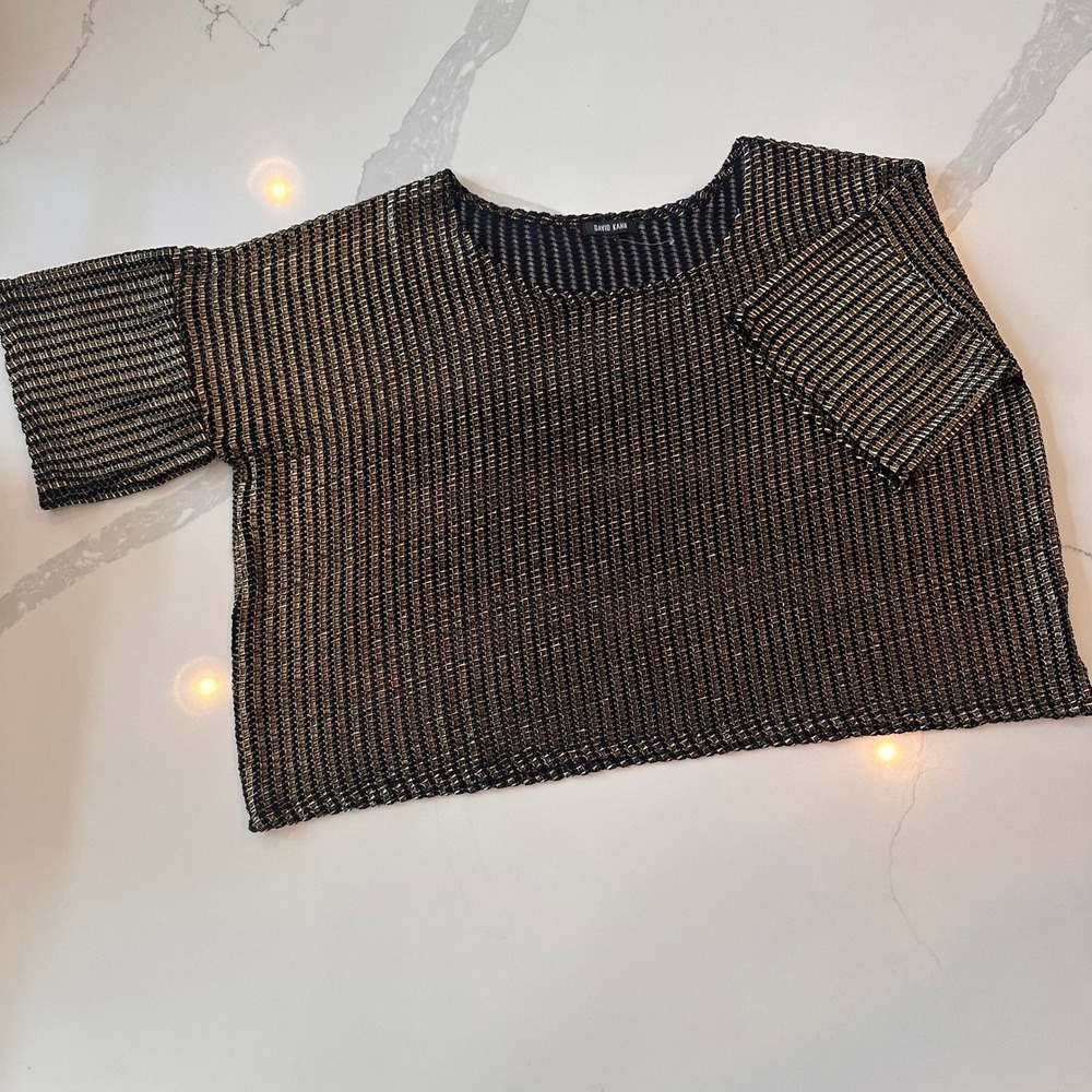 David Kahn Metallic Gold Black Knit Crop Top Short Sleeve Scoop Neck Boxy L